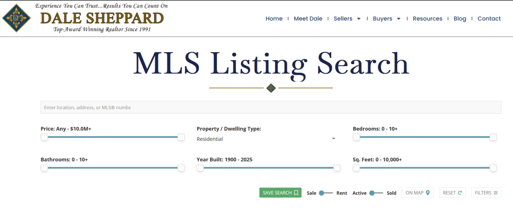 Screenshot of the MLS Search Page from Dale Sheppard's website